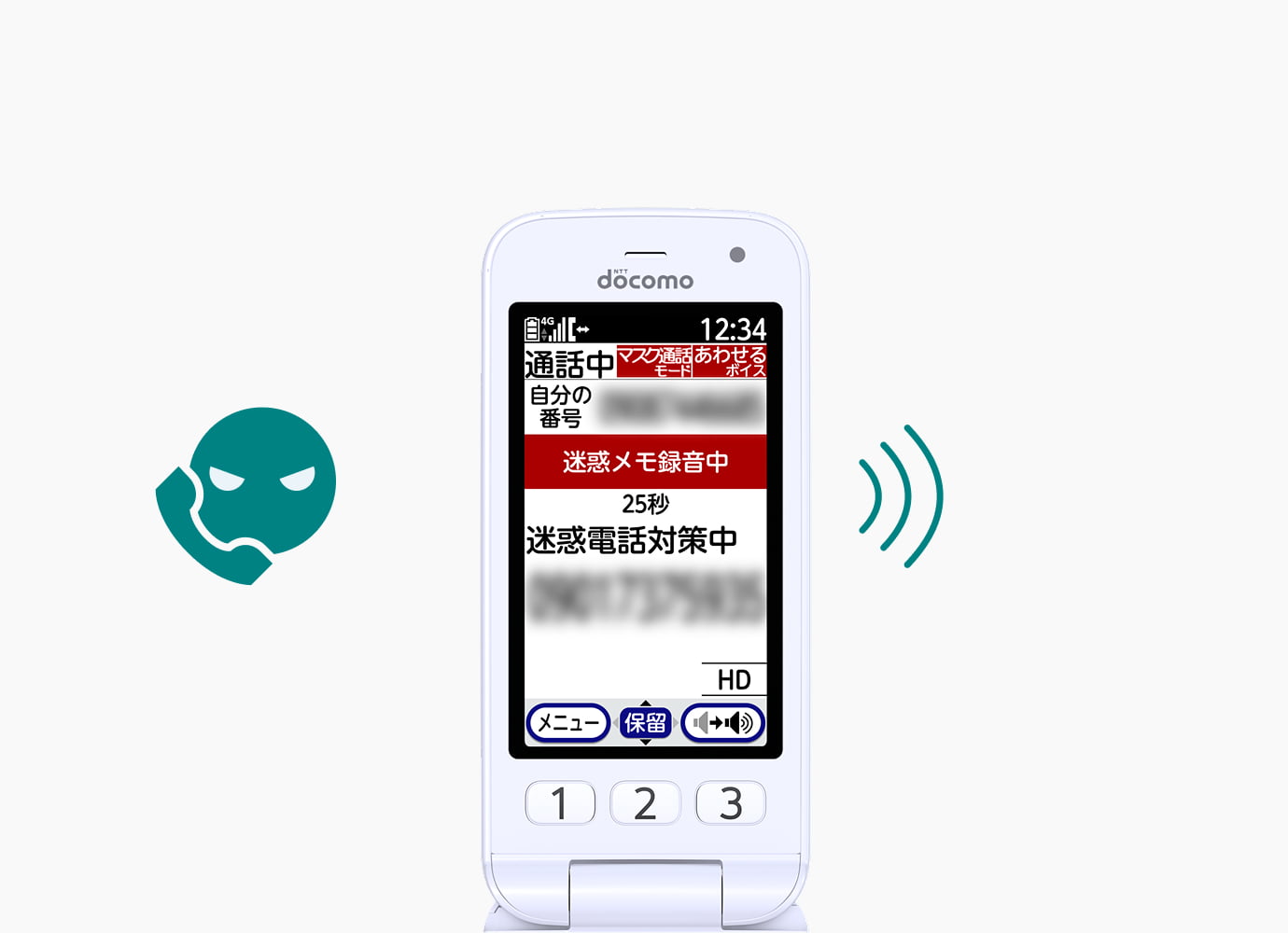 迷惑電話対策機能　相手を牽制し、会話を録音。後で周囲の人に相談できる